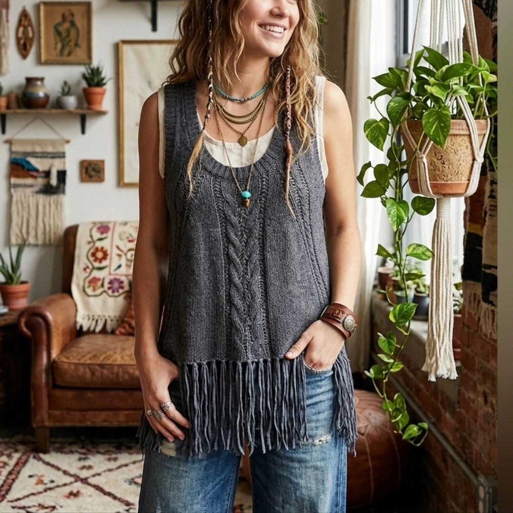 Retrod Charcoal Fringe Knit Sweater Tank Size M Boho Sleeveless Tunic Top